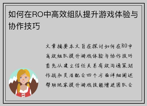如何在RO中高效组队提升游戏体验与协作技巧