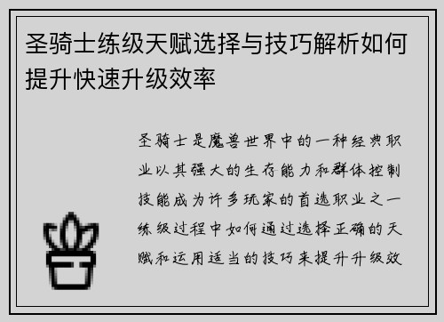 圣骑士练级天赋选择与技巧解析如何提升快速升级效率 圣骑士练级天赋选择与技巧解析如何提升快速升级效率